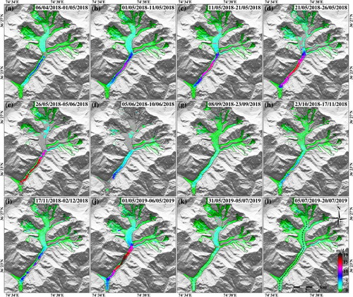 Figure 3. Time series of the horizontal flow velocity of the Shisper Glacier derived from optical imagery (Sentinel-2). Background: shaded SRTM DEM; black curve: glacier outline; dashed line in panel l: location of the profile shown in Figure 4.