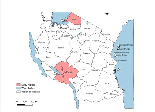Figure 1. Map showing the study location, Mara, Mbeya and songwe regions in Tanzania.