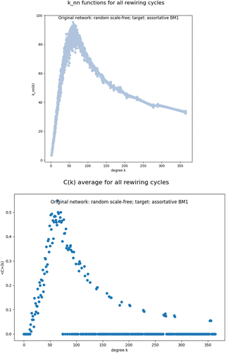 Figure 4. Top: cloud of kˉnn(k) functions for a cycle of 20 newman rewirings with assortative target, starting from a scale-free configuration-model network with γ=2.5. Bottom: average of the clustering C(k) as a function of degree over the same ensemble. Note the high level of maximum clustering in the assortative core of the network and the strong correlation between the curves kˉnn(k) and C(k). Networks with 15,000 nodes. Approx. 130000 rewirings per each cycle.