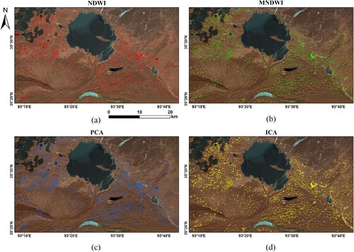 Figure 13. Thermokarst lake mapping results on the northern bank of the Chumarhe River in the ice period. (a)–(d) Automatic results of NDWI-, MNDWI-, PCA-, and ICA-based MRF methods superimposed on the Sentinel-2 images acquired on January 22, 2018.