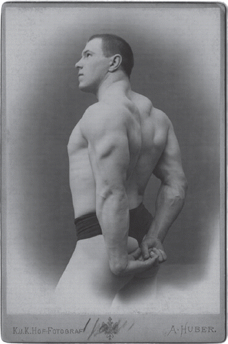 ▪ Figure 3. A cabinet card depicting a semi-nude Hackenschmidt, posing to show off his well-developed back and triceps. Photographed by A. Huber of Vienna. Courtesy of The Library of Nineteenth Century Photography.