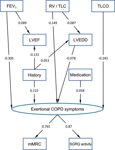 Figure 4 Structural equation model (SEM) describing the relationships between indices of lung function including the FEV1% predicted, the ratio of residual volume to total lung capacity (RV/TLC) and carbon monoxide diffusing capacity (0% predicted), echocardiographic measures including the left ventricular end-diastolic diameter (LVEDD, mm) and left ventricular ejection fraction (LVEF, %), the combined medication score, the combined history score, the modified British Medical Research Council dyspnea scale (mMRC) and the activity component of the Saint George's Respiratory Questionnaire (SGRQ). All measured (manifest) variables are indicated by rectangles. A latent variable (indicated by an oval) named “Exertional COPD Symptoms” with indicator variables mMRC and the SGRQ activity component was defined to summarize symptoms. The lines with one arrow describe unidirectional effects, and standardized regression coefficients are given at these arrows. Correlations between a number of variables were introduced to improve the fit. Lung function parameters were correlated with each other, moreover history and medication, furthermore, the error terms of LVEDD and LVEF. These correlations, which were not relevant for the validity of the structure, and the error terms needed for mathematical reasons for all dependent variables have been omitted for the sake of clarity. The numerical values of the respective unstandardized regression coefficients as well as measures of statistical significance are given in Table S1.