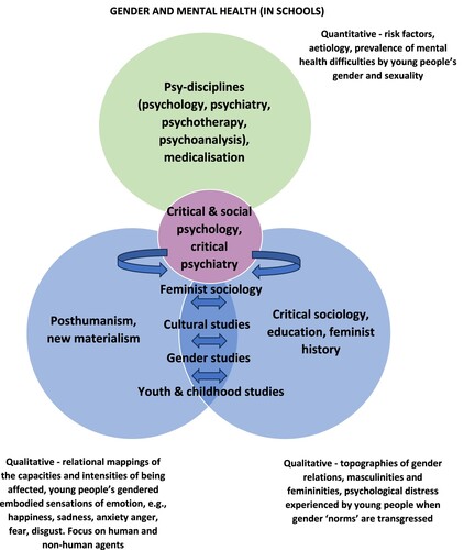 Figure 1. Simplified diagram depicting dominant fields of study and approaches when researching gender and mental health (in schools).