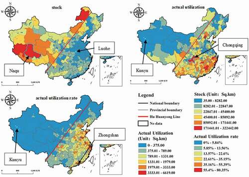 Figure 4. Spatial patterns of urban green space and its actual utilization at the city level in China