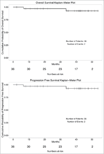 Figure 2. Kaplan–Meier plots of progression-free survival and disease-free survival (n = 36) of patients with TNBC treated with adjuvant concurrent carboplatin and accelerated radiotherapy.