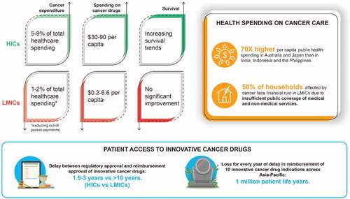 Figure 3. Disparities in healthcare spending and access between HICs and LMICs. A significant disparity exists in the healthcare spending on cancer and access to cancer treatment among the HICs and LMICs. Abbreviations. HIC, high-income countries; LMIC, low- and middle-income countries.