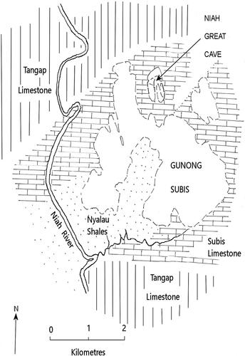 Figure 4. Planar view of the Niah National Park with major stratigraphic units marked (after Wilford, Citation1964).