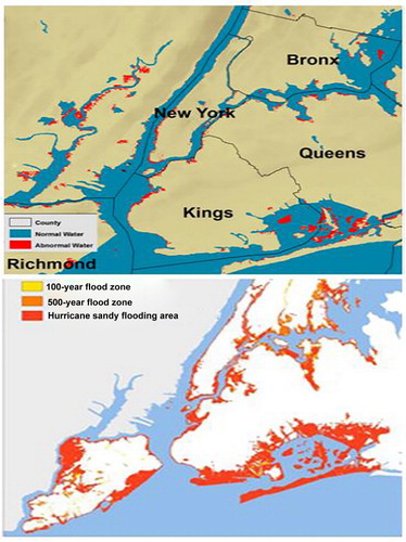 Figure 4. Flood map at 30-m resolution derived from VIIRS and SRTM in the New York metropolitan area on 4 November 2012 (upper) compared with a flooding area map from FEMA over parts of lower Manhattan, the Upper East Side, Red Hook, and Greenpoint (lower).