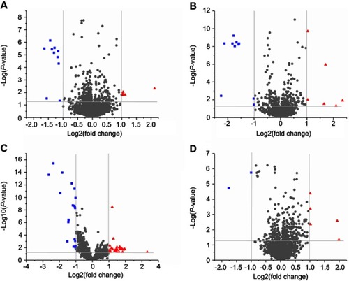 Figure 2 Volcano Plot of serum metabolites in each group of patients. (A) Volcanic map of serum metabolites in LSIL patients compared to healthy individuals. (B) Volcanic map of serum metabolites in HSIL patients compared to healthy individuals. (C) Volcanic map of serum metabolites in patients with CC compared to healthy subjects. (D) Volcanic map of serum metabolites in patients with cervical IF compared to healthy subjects. Red dots were significantly up-regulated metabolites (FC >2, p<0.05), and blue dots were significantly down-regulated metabolites (FC <0.5, p<0.05).Abbreviations: CON, control; IF, inflammation; ISIL, low grade squamous intraepithelial lesion; HSIL, high grade squamous intraepithelial lesion; CC, cervical cancer; FC, fold change analysis.