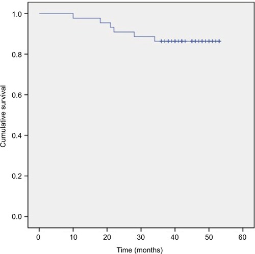 Figure 1 Kaplan–Meier estimate of overall survival for N3 stage nasopharyngeal carcinoma patients treated with concurrent chemoradiotherapy plus S-1 adjuvant chemotherapy.
