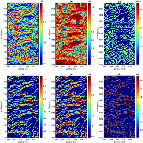 Figure 8. Enhanced maps of the 100 m upward continued aeromagnetic data (Figure 7a): (a) TAHG, (b) ITM, (c) HGSTDR, (d) FSED, (e) EHGA, (f) BHG.