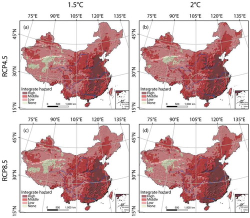 Figure 7. Spatial patterns of integrated hazards in China for 1.5°C and 2°C of global warming.
