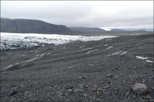 Figure 10. Field photograph across the southern part of the Skálafellsjökull foreland showing the close association of moraines and flutings (21 May 2014).