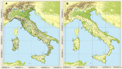 Figure 1. Maps for the collection of the local meteorological data, for the precipitation stations (a) and the thermometric stations (b). The system reference is UTM (WGS84) zone 32 N.