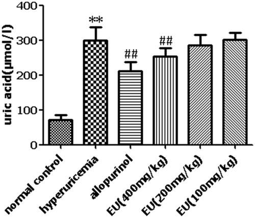 Figure 5. Effect of EU on SUA levels in hyperuricemia rats. **p < 0.01 as compared to the normal control; ##p < 0.01 as compared to the hyperuricemia group.
