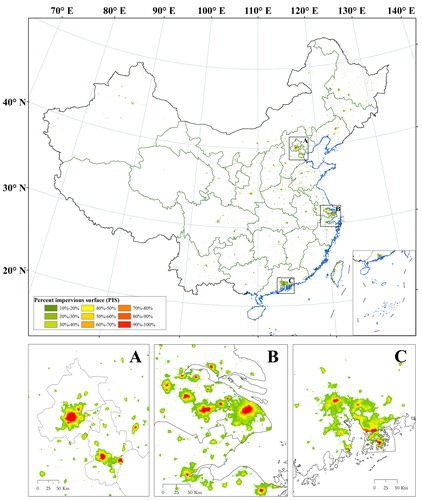 Figure 2. The distribution of urban areas (PISs > 10%) and three typical metropolitan areas in China ((a) Beijing-Tianjin; (b) Yangtze River Delta and (c) Pearl River Delta).