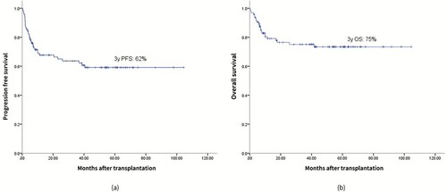 Figure 2. Kaplan-Meier curves for progression-free survival (PFS, a), overall survival (OS, b) after high-dose chemotherapy with SEAM followed by autologous stem cell transplantation.