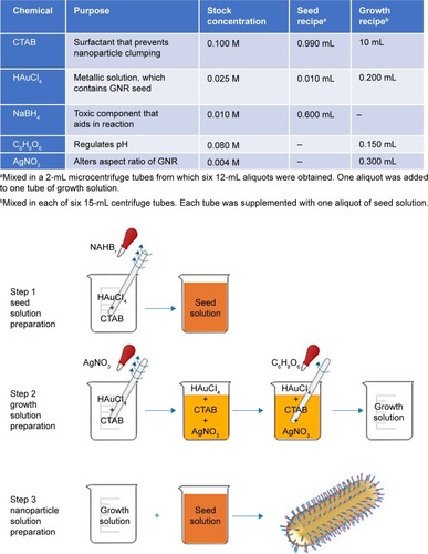 Figure 3 Our modified GNR synthesis protocol, which is intended to produce ultrasmall GNRs, is summarized here.Notes: The table shows the core ingredients along with stock solution concentrations and the amounts to add to the GNR seed solution and the GNR growth solution. A flow diagram further clarifies the protocol for the synthesis of GNRs. The CTAB-coated GNR art was reprinted by permission from Springer Nature: Light: Science & Applications. He J, Zheng W, Ligmajer F, et al. Plasmonic enhancement and polarization dependence of nonlinear upconversion emissions from single gold nanorod@SiO2@ CaF2:Yb3+,Er3+ hybrid core–shell–satellite nanostructures. Copyright 2017.Citation63Abbreviations: CTAB, cetyltrimethylammonium bromide; GNR, gold nanorod.