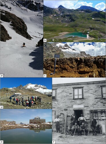 Figure 4. (a) The Eagle Couloir, an attractive freeride run that provides an important leisure service. Below the snowpack, the Indren creek plays an important role in terrestrial processes. (b) In the lowermost portion of the study area, different services can be identified: the alluvial plain have a significant effect in flood regulation; the dam collects meltwater from the Indren and Garstelet glaciers that is channelled to the Gabiet dam where it is used for hydroelectrical purposes; on the ridge, the pylons of the Gabiet-Passo Salati bubble-car highlight the supporting service supplied by the topography to ski resort facilities. (c) Thick soil layer on Stolemberg Plateau. (d) Geoturism is well developed in the Passo dei Salati and Cimalegna Plateau along the geologic-pedologic path. Along this path, a seismic station and a permafrost monitoring borehole are visible and are examples of the environmental monitoring activities performed in the area. Numerous activities are promoted by local municipalities and the Sesia Valgrande UNESCO Global Geopark. (e) The Angelo Mosso Institute is the hotspot of knowledge services within the area. It is the symbol of the historical scientific research carried out on the Monte Rosa massif since the beginning of twentieth century. Nowadays it is part of the LTER network and is the hub for numerous environmental studies and monitoring activities. (f) Late 1920s, a group of researchers leaded by Umberto Monterin (left of the door) in front of the Geophysical Observatory connected to the Mosso Institute.