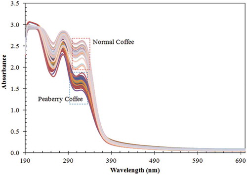 Figure 1. Original spectra of peaberry and normal coffee samples in ultraviolet-visible region (190–700 nm).