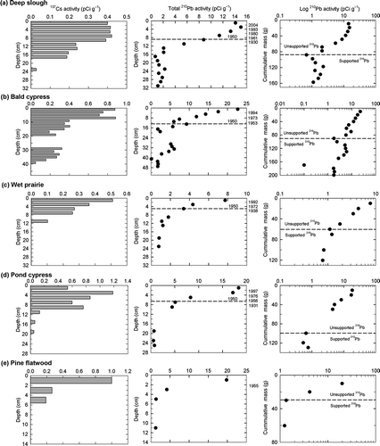 Figure 3. 137Cs and 210Pb activity in four different wetland plant communities (a, b, c and d) and an adjacent upland site (e). Left and center columns represent total 137Cs and 210Pb activity through the soil profile, respectively. Dates corresponding to the peak of 137Cs and those obtained using the constant rate of supply of unsupported 210Pb (CRS) model are presented in the second y-axis. Right column contains 210Pb as a function of cumulative mass in log scale.