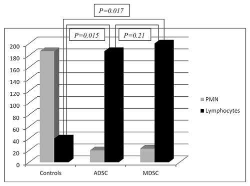 Chart 1. Local inflammatory response at four weeks. PMN, polymorphonuclear cells.