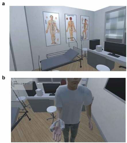 Figure 5. The scene and motion effect diagram of the design system of the virtual reality platform of the bone setting technique. A, system scenario. B, system operation diagram.