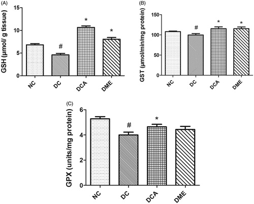 Figure 2. (A–C) Effects of CA on GSH levels, GST and GPX activities in liver in type 2 diabetic rats. NC: normal control; DC: diabetic control; DCA: diabetic rats treated with C. asiatica (L.) Urb. extracts; DME: diabetic rats treated with metformin; GSH: reduced glutathione level; GST: glutathione S-transferase activity; GPX: glutathione peroxidase. Symbols # and *on bars indicate value differs significantly (p < 0.05) from NC group and DC group, respectively, using Tukey’s multiple comparison or unpaired Student’s t test.