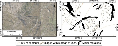 Figure 3. Ridges within areas of DDA lying inside and abutted up against major moraines: (a) image from norgeibilder.no (24/08/2016), (b) subset of resulting map (presented at 1:4,000 scale). When mapped, these ridges (grey lines) generally show no dominant pattern of orientation. Approximate image location: 69°42′4.18″N, 20°42′21.55″E.
