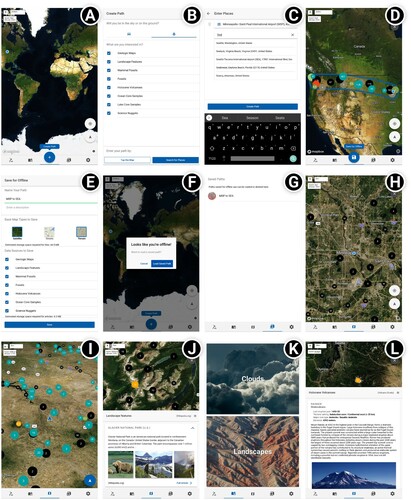 Figure 3. Using Flyover Country on a flight. (A) The default map view upon opening Flyover Country, emphasizing its global coverage. (B) Tapping ‘Create Path’ startup tooltip opens the ‘Create Path’ page, with options for creating the path by ‘Tapping the Map’ or ‘Searching for Places’. (C) The ‘Searching for Places’ page enables text input of ‘To’ and ‘From’ origins and destinations, including waypoints in between. (D) Creating a path returns the user to the map interface, with the map zoomed and recentered to her path. (E) Tapping the ‘Save for Offline’ main button opens the ‘Save for Offline’ page with options for caching the map view for offline. (F) Flyover Country recognizes when the mobile device is offline and prompts the user to ‘Load a Saved Path’. (G) Saved paths are stored in the ‘Saved Paths’ page for offline access. (H) The white ‘crosshairs’ geolocate button zooms and recenters the map on the user’s current location, symbolized by a blue dot. (I) The white button with the triangular ‘navigation’ icon toggles into tracking mode, which reorients and tilts the map as it updates during the flight. (J) Clicking on a point of interest in the map activates a pullup information window containing text and images. (K) Flyover Country also includes tips for identifying cloud and landscape patterns viewable from above. (L) The app contains points of interest from many different sources – shown here is information about Mt Rainier from the Smithsonian Institution.