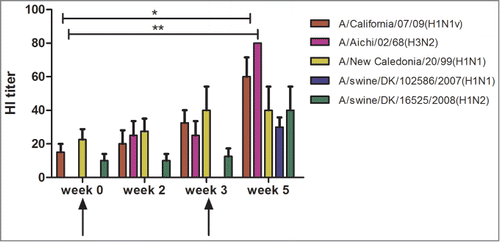 Figure 1. Hemagglutination inhibition (HI) antibody responses in rabbit sera (n = 4, Group I) immunized with a hexavalent DNA vaccine mix (1918-NP-M, 1968-HA3-NA2, pdm09-HA1-NA1). HI antibody responses were measured against the human isolates H1N1v A/California/07/09 and H3N2 A/Aichi/02/68, homologous to the vaccine, and H1N1 A/New Caledonia/20/99, heterologous to the vaccine. HI antibody responses were also measured against 2 isolates from swine, H1N1 A/swine/DK/102586/2007 and H1N2 A/swine/DK/16525/2008. Arrows indicate vaccination time points. Titers are provided as geometric mean titers. Significant values are indicated by *P < 0.05, **P < 0.01 using one-way ANOVA, Freidman's test with Dunn's multiple-comparison test.