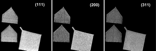 Figure 5. Neutron transmission images obtained at the narrow range of wavelength (0.1–0.2 Å) near the specific Bragg edges. The contrast is mostly due to the variation of crystallographic properties of the samples, e.g. texture.