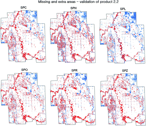 Figure 6.  Missing (red) and extra (blue) areas mapping for product T2.2 – flood mapping for the 28 April 1997.