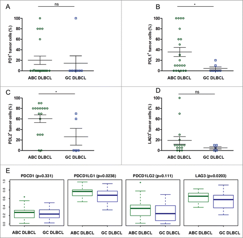 Figure 6. Proportion of tumor cells expressing immune escape markers in ABC- and GC-type DLBCL. (A–D) Shown are the rates of tumor cells found to be positive for the specified stainings upon visual examination of the ABC (n = 20) and GC (n = 7) DLBCL samples: PD-1+ (A), PD-L1+ (B), PD-L2+ (C), LAG3+ (D). * indicates significant differences between groups (p = 0.7; p = 0.04; p = 0.04; p = 0.29, respectively), Wilcoxon–Mann–Whitney tests. (E) Boxplot for normalized mRNA expression of the PD-1 gene PDCD1, the PD-L1 gene CD274, the PD-L2 gene PDCD1LG2, and the LAG3 gene in published transcriptomes from GC and ABC subtypes of DLBCL samples,Citation29 p values for ABC vs. GC obtained from Wilcoxon–Mann–Whitney tests.