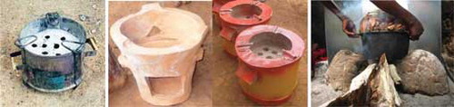Fig. 1 Charcoal stoves (left, metal; center left and center right, ceramic), and three-stone fire stove (right).
