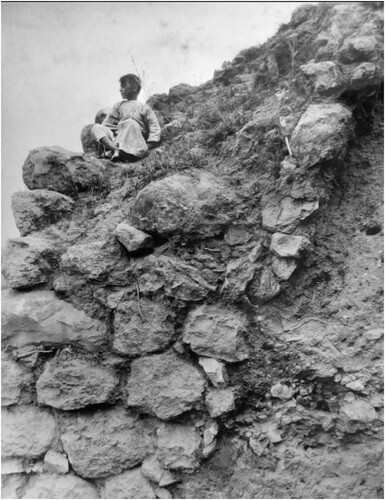 Figure 14. The edge of the ‘Revetment’ on the east side of Tel Lachish (Point 19, the upper part). The wall does not stand upright but is tilted toward the city, like a terrace wall (Tufnell Citation1953, Pl. 11:5, courtesy of the Wellcome Trust archive, London).