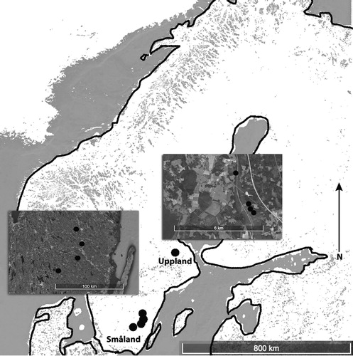 Figure 1. Map of Sweden with the locations Uppland and Småland and the distribution of the sites within the locations. The scale of the maps and inlays are given in kilometres.