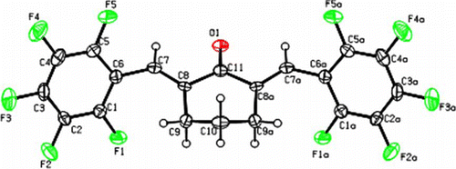 Figure 5.  ORTEP diagram of α,α′-bis(2,3,4,5,6-pentafluoro benzylidine)cyclohexanone, Entry 7 with atom numbering scheme (40% probability factor for the thermal ellipsoids).