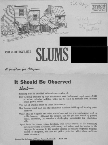 Figure 6. This sketch was used in advertisements supporting urban renewal. League of Women Voters of Albemarle, “Charlottesville’s Slums: A Problem for Citizens,” 1952. (Uncopyrighted image.)