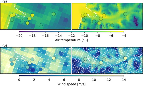 Fig. 9. (a) Two-metre temperature and (b) 10-m wind speed and wind direction in AA25 (left column) and AS05 (right column) on 14 February at 12 UTC. For AS05, only the wind direction in each second grid cell is presented. The white contour shows the coastline according to the local topography by the Norwegian Polar Institute (see Fig. 1). Superimposed (filled circles) are in-situ observations of 2-m temperature and 10-m wind speed.