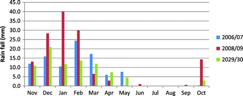 Figure 5. Monthly rain fall amount in 2030 for the studied years of field data and in 2029/30 in Marsa Matrouh.