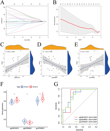 Figure 4 Identification of hub methylation sites. (A) LASSO coefficient profiles of 200 genes; (B) Cross-validation for choosing tuning parameter of LASSO model; (C) The results of the correlation analysis showed that cg03610073 was significantly positively correlated one-year EWL% after LSG; (D) The results of the correlation analysis showed that cg03208951 was significantly negatively correlated one year EWL% after LSG; (E) The results of the correlation analysis showed that cg18746357 was significantly positively correlated one-year EWL% after LSG; (F) Box plots showed statistically significant differences in β-values for the 3 hub methylation sites between group-B (EWL%<50%) and group-A (EWL%≥50%); (G) ROC curve showed the potential of cg03610073, cg03208951, and cg18746357 predicting EWL% at one year following LSG.