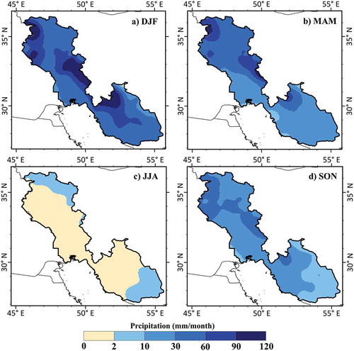 Figure 4. Mean monthly precipitation in (a) winter, (b) spring, (c) summer and (d) autumn in western Iran.