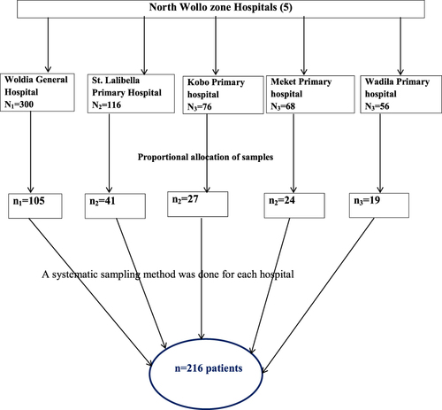 Figure 1 Schematic representation of the sampling procedure in North Wollo zone hospitals, 2020.