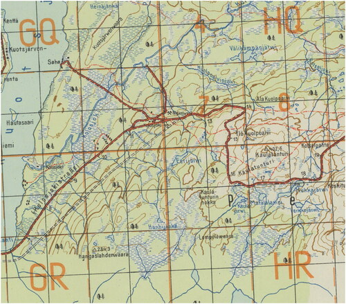 Figure 1. Inset of the Kolosjoki quadrangle (Norwegen/Finnland 1:50,000 sheet R36-10-W7) with 2 German military grids, Deutsches Heeresgitter, and Heeresmeldenetz overprinted in orange. Shows “Nickelwerk,” a mine where nickel, a rare metal used as steel hardener, was extracted. The nickel deposits of northern Finland were important to the German war effort in World War II. This sheet was produced in October 1943.