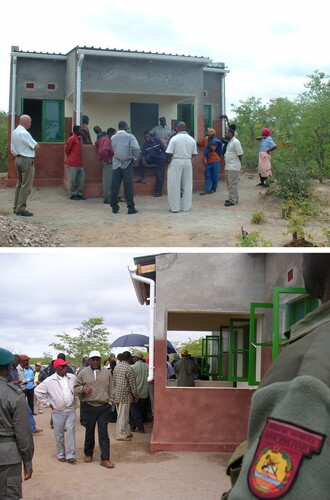 Figure 3. Photo 1: Residents of the village of Nanguene evaluated the model house with the external technical advisor and two LNP staff members from the resettlement committee. Photo 2: The president of Mozambique Armando Guebuza visited the model houses. Both photos are from 2007, taken by J Milgroom.