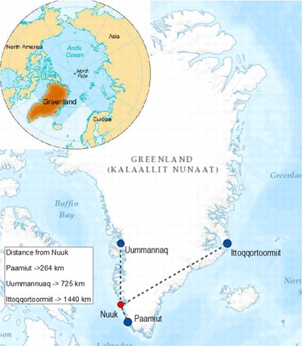 Fig. 1.  Map of Inuulluataarneq Research Sites in Relationship to Nuuk.Source: ArcMap 10.3.1., Esri, HERE, DeLorme, Intermap, increment P Corp, GEBCO, USGS, FAO, NPS, NRCAN, GeoBase, IGN, Kadaster NL, Ordnance Survey, Esri Japan, METI, Esri China (Hong Kong) swisstops, MapmyIndia, Openstreetmap contributors, and the GIS User Community.