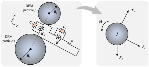 Figure 11. Illustration of the contact interactions between two DEM particles and the diagram of resultant forces acting on particle j.