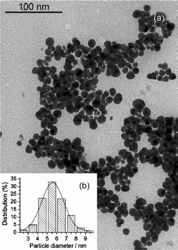 Figure 24.  TEM image and size distribution histogram of the gold nanoparticles used as catalysts for the esterification of primary alcohols (87). Reproduced by permission of the Royal Society of Chemistry.