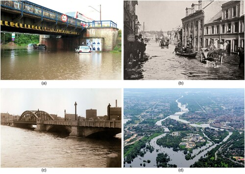 Figure 3. Hydrological hazards in Poznań: A – Niepodległości Avenue during urban flash flood in 2019 (photo K. Jawgiel); B – Chwaliszewo Street during the disaster flood of the Warta River in April 1888 (from the Wielkopolska Museum of Independence); C – One of the bridges over the Warta river during the flood in April 1924 (from the City Heritage Conservator’s Office in Poznan); D – the Warta River during the 2010 flood (photo M. Kaczmarczyk, from Cyryl – Digital Local Repository).